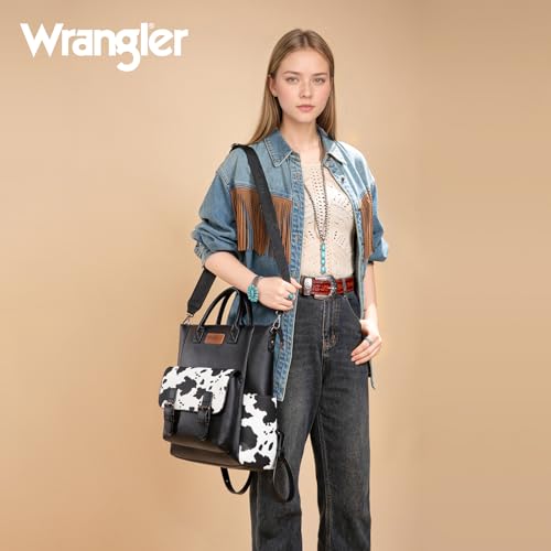Image of Montana West Wrangler Womens Convertible Backpack Purse Cow Printed Backpack with Adjustable Crossbody Shoulder Strap for Work Travel WG175-9110COW-BK