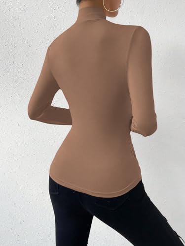 Image of SweatyRocks Women's Ruched Mock Neck Long Sleeve T Shirt Solid Slim Fitted Tee Tops