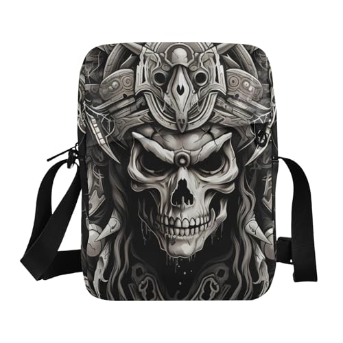 Viking Skull Sling Bag Zipper Closure Crossbody Messenger Bag with Card Phone Passport Compartment 6.6×9.4×2.5 inches