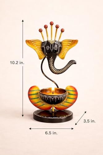 Image of Ganesha Iron Diya Holder - Handpainted Metal Tealight Candle Holder for Home Temple & Pooja Room | 11 Inch Decorative Showpiece, Diwali & Housewarming Gift (Black)