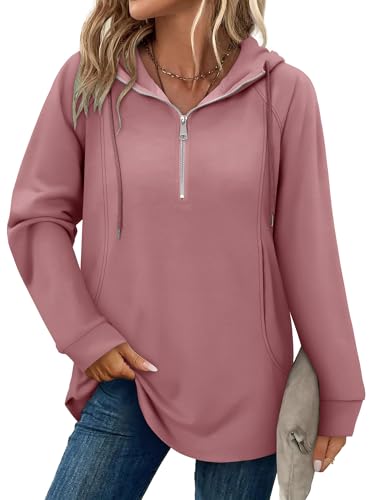 onlypuff Women Hoodie Pullover Trendy Quarter Zipper Lapel Sweatshirts Drawstring Cute Hooded Tunic Tops with Side Pockets