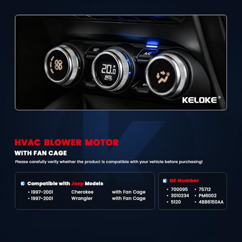 Image of KELOKE Front HVAC Heater Blower Motor Fan Compatible with Jeep 1997 1998 1999 2000 2001 Cherokee, Wrangler, Sport Utility, with Fan Cage, Replace# 700095 4886150AA PM6002