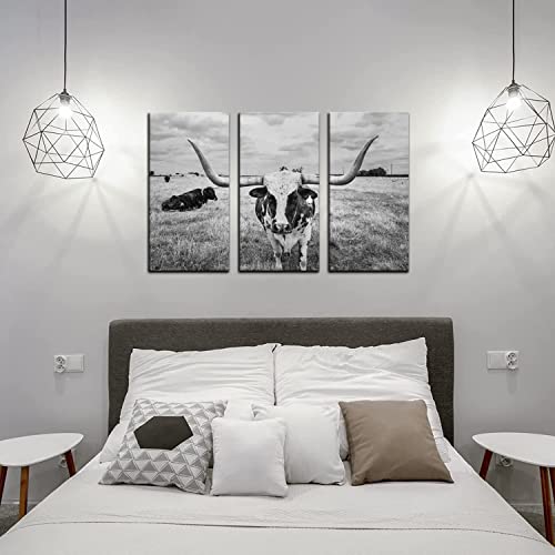 Vividhome 3 Pieces Animal Canvas Wall Art Black And White Texas Longhorn Bull Picture Prints Cow Painting Stretched Home Living Room Farmhouse Wall Decoration #TOP4