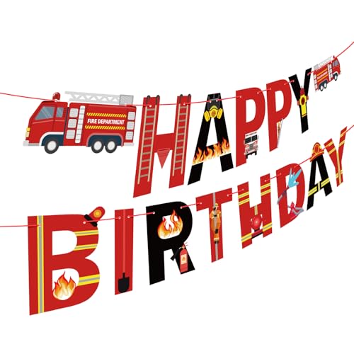 Fire Truck Happy Birthday Banner Sign Fire Engine Rescue Birthday Bunting Banner Flag Garland for Kids Boys Fire Truck Party Carnival Party Decorations Supplies