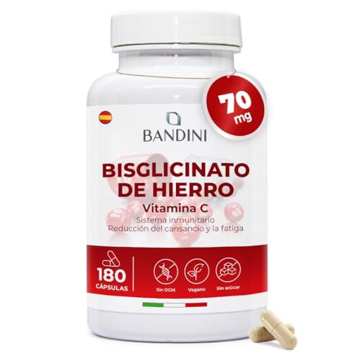 Bandini® Hierro Suplemento 70mg + Vitamina C 160mg - 180 Cápsulas Veganas (de bisglicinato de hierro) Contribuye a la Formación de Glóbulos Rojos y Hemoglobina - Con Alta Absorción y al Sistema Inmune