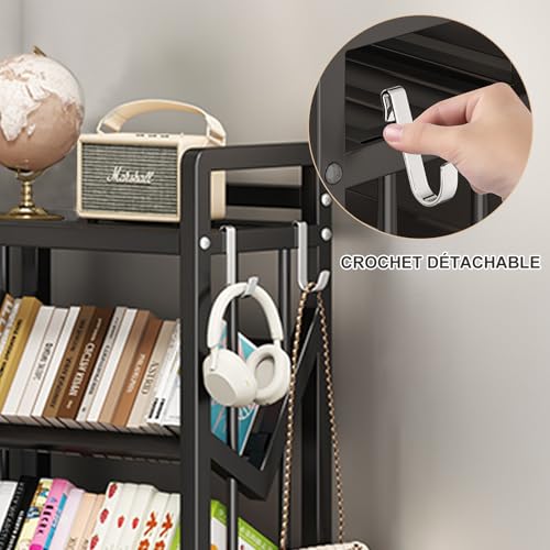 Taotigzu Mobiles Bücherregal, 3 Ebenen, mit Rad, mobiler Bücherregal, Trolley, Metallroller, Organizer für Dokumente für Kinder, Studenten