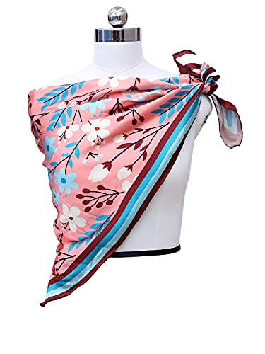Image of leeza store Women's Silk Scarf - Pastel Pink Playful Floral | 40x40 Inches Square Scarf For Hair, Neck & Head | Soft Premium Silk Stole For Women | Lightweight Fashion Wrap & Daily Styling Accessory