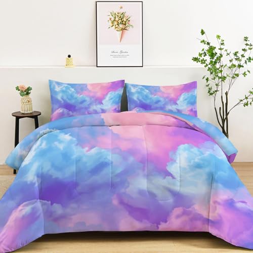 Genérico Edredon Nordico 200 x 200 cm con 2 Fundas de Almohada 50 x 75 cm, Edredón Reversible Suave de 4 Estaciones Acuarela Ensueño Nubes Arte - Juego de Cama Estampado Azul-Púrpura