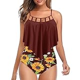 Damen Volant Hohe Taille Bikini Set Sonnenblume Gepolstert Push Up Badeanzug Bauchweg Hohe Taille Tankini Bademode Zweiteilige Strandkleidung Neckholder Badebekleidung Oberteil Bikinihose Weinrot M