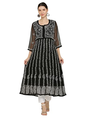 Image of FAWOMENT Women's Georgette Yok Anarkali Kurta with Intricate Lucknowi Chikankari Fine Hand Crafted Embroidery