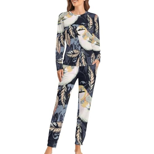 Pyjama femme oiseau et feuilles t-shirt manches longues et pantalon de nuit