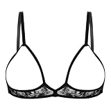 QinCiao Women's Sexy Lingerie Bras Lace Nipple Split Bralette Wire-Free Unlined Bra Top 2#Black Large