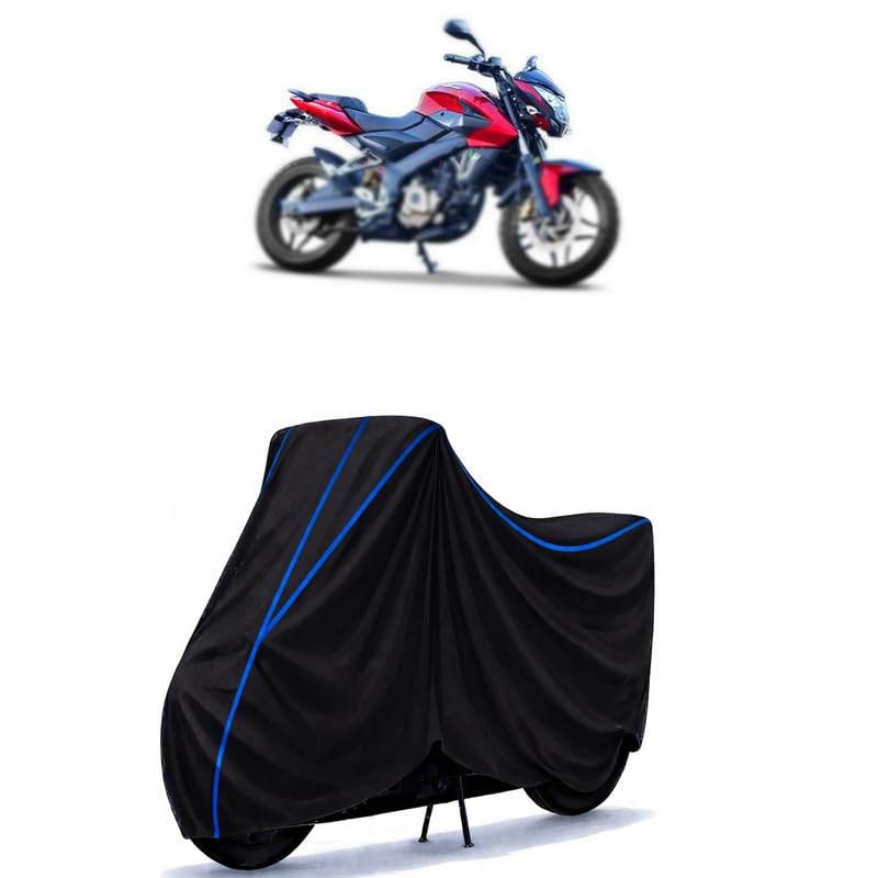 Image of Bajaj Pulsar 350 Bike Cover Water Resistant Universal Motorcycle Rain | Heavy Duty UV Protection, Dust, Scratch Indoor Outdoor All Weather with Black Blue Piping Elastic