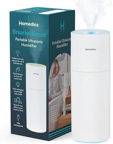 Homedics Portable Humidifier - Small Air Humidifiers for Bedroom, Plants, Office, Travel - Cool Mist Humidifiers, Color-Changing Accent Light, 2 Mist Settings, White - Thumbnail 2