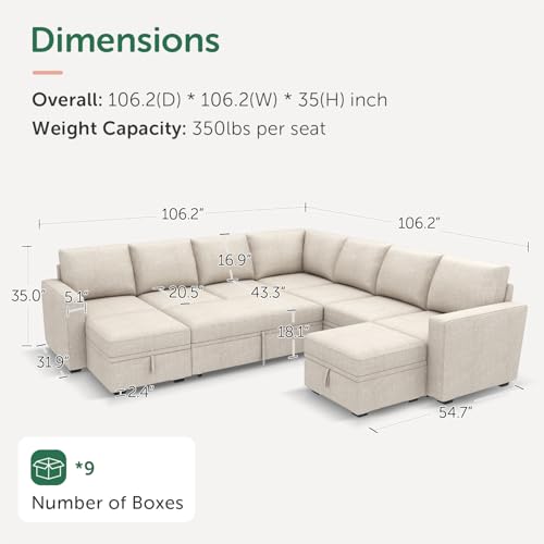 Image of HONBAY Modular Sectional Sleeper Sofa with Pull Out Couch, Oversized U Shaped Sleeper Pull Out Bed with Storage Sectional Couches for Living Room - Beige