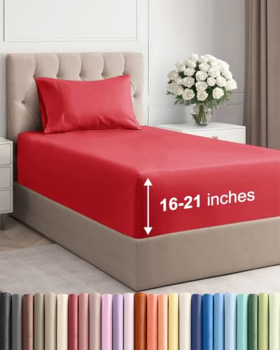 Image of Extra Deep Pocket Twin XL Size Sheet Set - Breathable & Cooling - Red