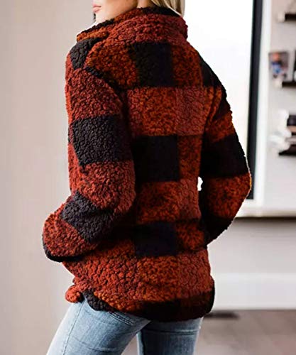 ZESICA Women's Plaid Long Sleeve Zipper Sherpa Fleece Sweatshirt Pullover Jacket Coat with Pockets Orange Red