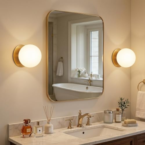 Image of 2 Pack Wall Sconces, Modern Globe Sconces in Aged Brass, Wall Light for Bedroom Bathroom Living Room & Hallway Vanity Lighting, Ceiling Light Fixture