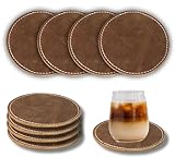 Dark Brown Rustic Leather Coasters for Drinks - Handmade Durable Drink Coasters Set with Holder for Tabletop Protection, Luxurious Home DΓ©cor and Housewarming Gift