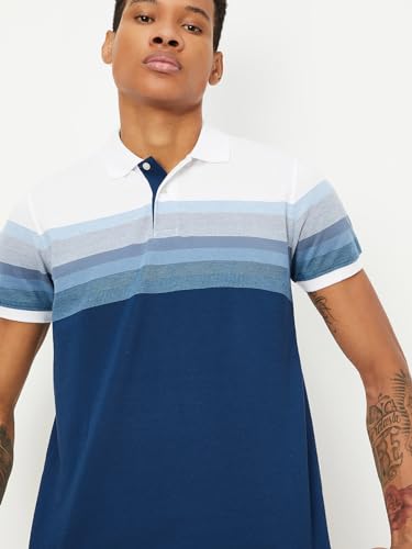 Image of Max Men's Half Sleeves Cotton Blend Regular Fit Striped Polo T-Shirt