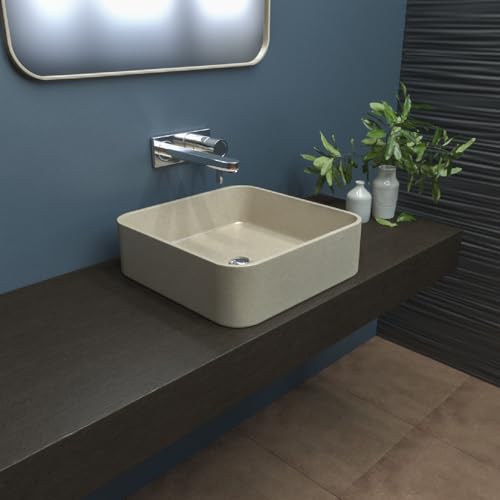 Lavabo de baño moderno simple de cuarzo sobre el mostrador fácil de instalar para apartamentos pequeños, hoteles, restaurantes, balcones y jardines (beige, 40 x 40 x 12 cm