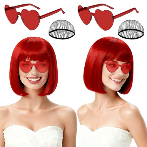 Image of 2 Pack Red Bob Wig with Bangs Heart Sunglasses for Women, Neon Bobs Funny Party Wigs Synthetic Hair for Adults Halloween Cosplay Costume Clubs Celebration Christmas Bachelorette Party