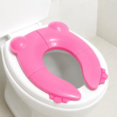 Image of Kids Station Baby Portable & Foldable Baby Unisex Potty Training Toilet Seat with Non-Slip Base, Splash Guard, and Storage Hook-Ideal for 0-6 Year Child, Travel-Friendly (Pink, Foldable Potty Seat)