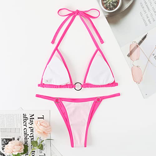 Women's Sparkly Rhinestone Halter Triangle O Ring Top String Thong High Cut Bottom 2 Pieces Bikini Swimsuit Set2
