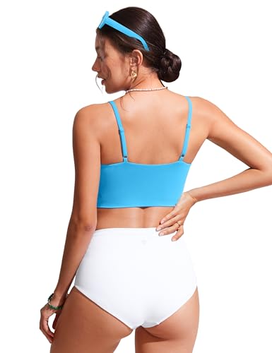 Image of CRZ YOGA V Shaped Longline Bikini Tops | Built-in Pads, A-D Cup, Cropped, Adjustable Spaghetti Straps, Swim, Bathing Suit for Women