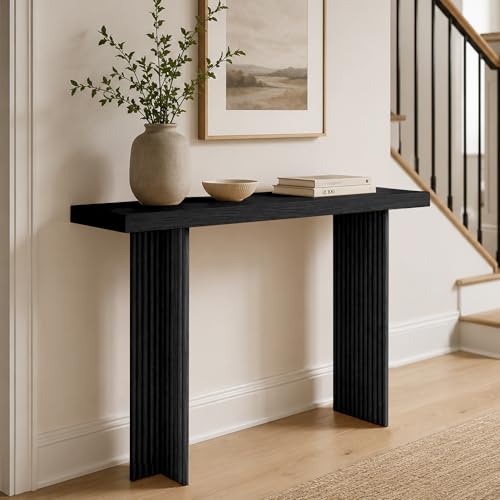 Verssure Fluted Console Table, 42" L X 30" H Soild Wood Narrow Console Table, Mid-Century Entryway Tables, Long Couch Table Behind Sofa for Living Room, Hallway (Black)