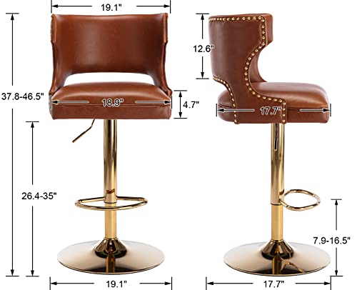 CIMOTA Swivel Bar Stools Set of 2 Adjustable Height Counter Stools Modern PU Leather Bar Stool Chairs Barstools with Open Back for Kitchen Island/Dining Room/Home Bar, Gold Base, Vintage Brown 2PCS