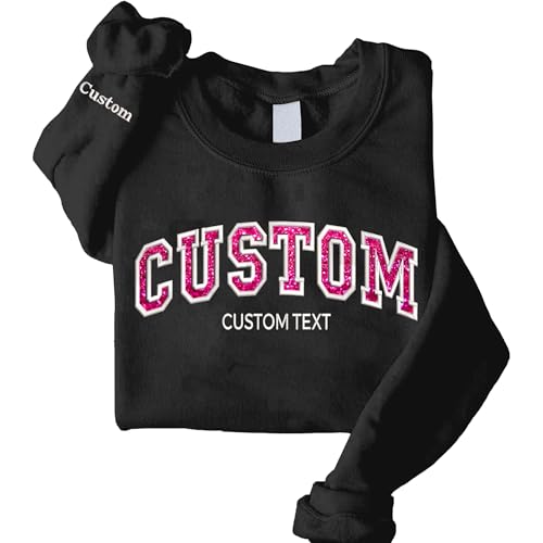 Custom Embroidered Glitter Sweatshirt and Hoodie, University, City, College, Custom Text On Sleeve, Add Your Own Text, Perfect Gifts