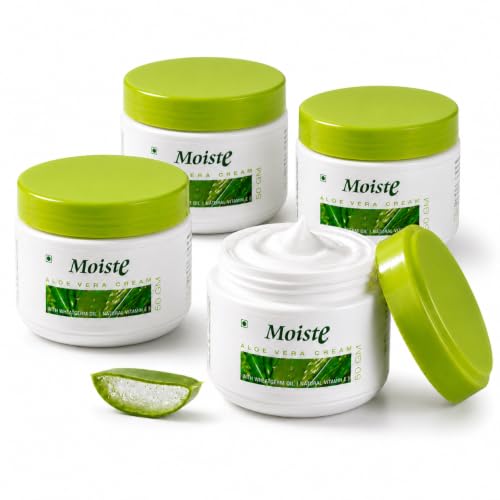Image of Moiste Aloe Vera Moisturizer Cream For Face Women | Oily Skin, Dry Skin Moisturiser with Vitamin E, Tea Tree OIl & Wheat Germ Oil - 200g (Pack of 4)
