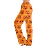 Halloween Pyjama Hose Damen Schlafanzug Hose Lang Kürbis Muster Kuschelhose Elastischer Bund Lounge Hosen Herbst Winter Schlafhose,Safran,M