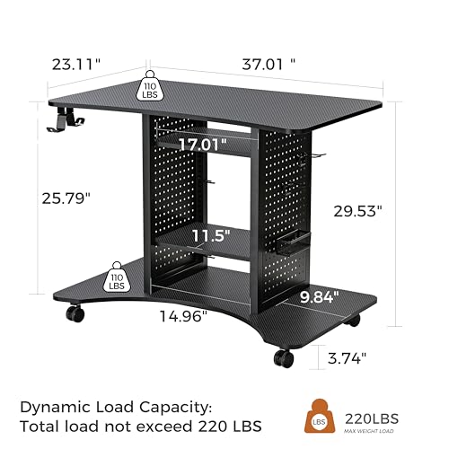 Image of EUREKA ERGONOMIC Gaming Desk Computer, 37 inch Rolling Desk on Wheels for Small Space, Mobile Computer Cart with Pegboards Adjustable Shelves for Gaming PS Switch Home Office - Black
