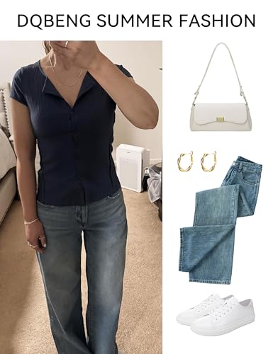 Image of Dqbeng Womens Summer Cardigans Cap Sleeve Ribbed Button up Shirts Fitted Basic Going Out Tops (Navy-M)