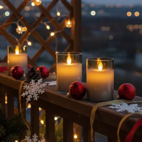 Image of LTETTES Real Wax LED Glass Pillar Flameless Rechargeable Candles | Grey Glass | USB Type-C Charging Cable | Remote Control Included | Home Decor & Gifting | Set of 3 (H-4 inch,5 inch,6 inch x D-3 inch)