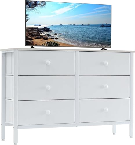 Image of LYNCOHOME White Dresser for Bedroom, 6 Drawer Wooden Dresse, Small Dresser for Bedroom and 50" Tv, Entertainment Center with Metal Frame, Wooden Top,Dressers for Kids, Fabric Dressers for Nursery