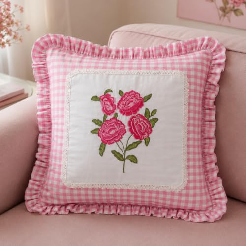 Image of Embroidered & Fringed Cushion Cover | Decorative Throw Pillow Cover for Sofa Couch Bedroom | Floral Embroidery with Hidden Zipper Closure | Elegant Home Decor Accent