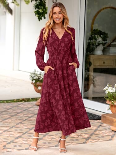 Image of Simplee Womens Boho Floral Long Sleeve Maxi Dress V Neck Empire Waist Fall Wedding Guest Dresses with Pockets