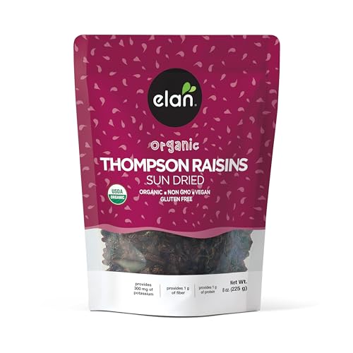 Elan Organic Sun-Dried Thompson Raisins, 7.9 oz, Dried Fruits, No Added Sugar, Non-GMO, Vegan, Gluten-Free, Kosher, Healthy Snacks, Naturally Sweet Snack