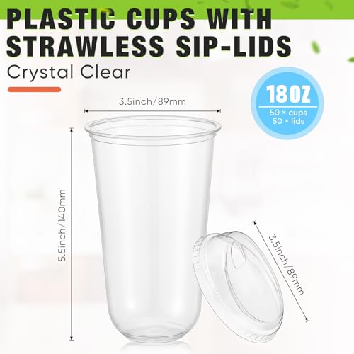 Ziliny 50 Sets Clear Plastic Coffee Cups with Sip Lids, Disposable Plastic PET Crystal Cups for Iced Coffee, Smoothie, Cold Beverage, Drink Shops and Party Catering(Clear,18 oz)