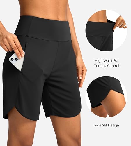 Soothfeel Women's 7" Athletic Running Long Shorts with Pockets High Waisted Bermuda Shorts for Women Workout Walking Casual4