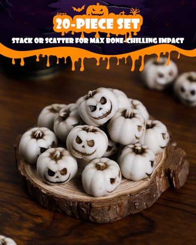 Image of Uniclife 20 Pcs Halloween Mini Pumpkin Decorations, Halloween Fish Tank Decor, Spooky Smiling Face Mini Pumpkins, Jack-O'-Lantern Miniature Vase Fillers, White Resin Artificial Figurines
