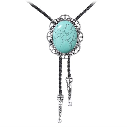 Image of Jeilwiy Bolo Tie for Men Real Stone Westwern Cowboy Ties Silver Bolos Women Leather Necktie Gift for Birthday Christmas