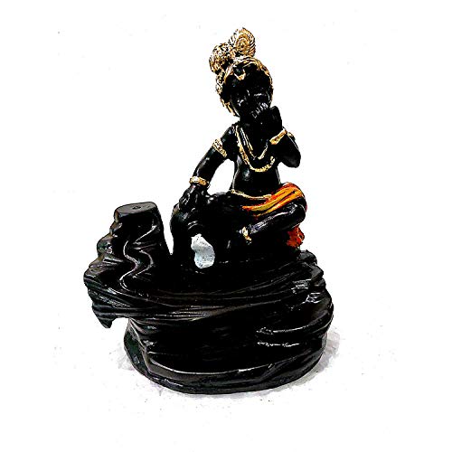 Image of CRAFTAM PolyResin Krishna Smoke Fountain Backflow Waterfall Cone Incense Holder Showpiece Statue with 10 Back Flow Incense Cones (Orange)