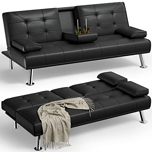 YESHOMY Convertible Folding Futon Sofa Bed Sleeper Couch for Living Room Faux Leather Upholstered Loveseat w/Removable Armrests, Metal Legs, 2 Cup Holders, Black