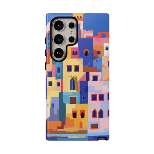 Coque Samsung S24 Ultra bleu rigide brillante avec illustration de ville côtière