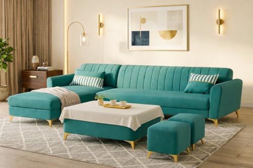 Image of Adorn India Premium Luster 8 Seater L Shape Sofa Set with 2 Puffy & 1 Center Table | Velvet Suede Fabric | 3-Year Warranty | LHS | Aqua Blue with Golden Legs & Striped Pattern Cushion