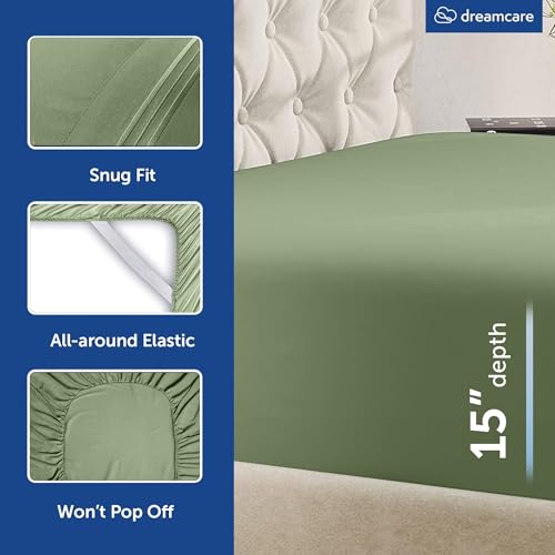 Image of DREAMCARE Queen Sheets - 6 pcs Breathable Cooling Sheets Queen - up to 15 inch | Deep Pocket Queen Sheets Set with Side Pockets - Extra Soft - Queen Sheet Set - Hotel Luxury Queen Bed Sheets - Sage Green